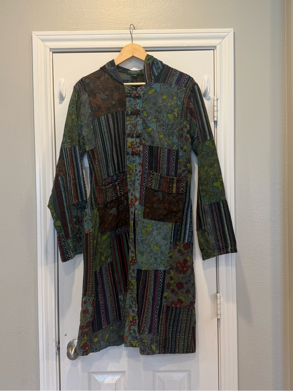 Kathmandu Colorful Patchwork Mushroom Hoodie Long Coat Duster Jacket Hippie M/L